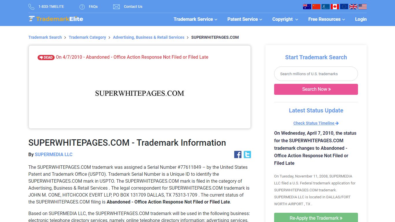 SUPERWHITEPAGES.COM - Trademark Information